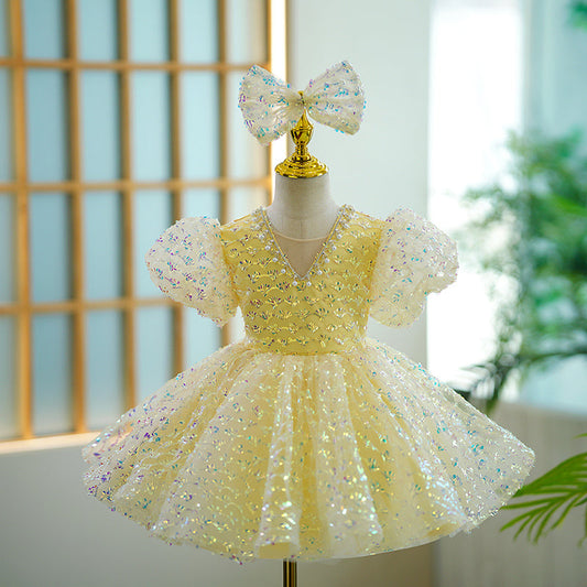 Yellow Sequin Princess Dress for Girls | V-Neck, Short Sleeve, Birthday & Party