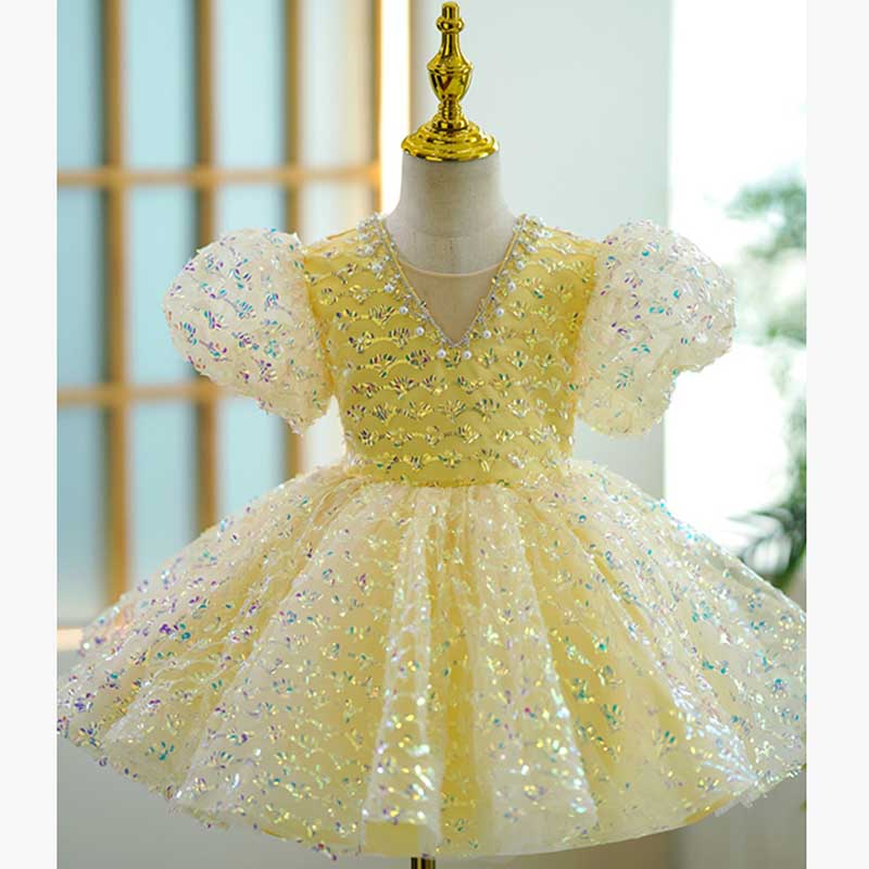 Yellow Sequin Princess Dress for Girls | V-Neck, Short Sleeve, Birthday & Party