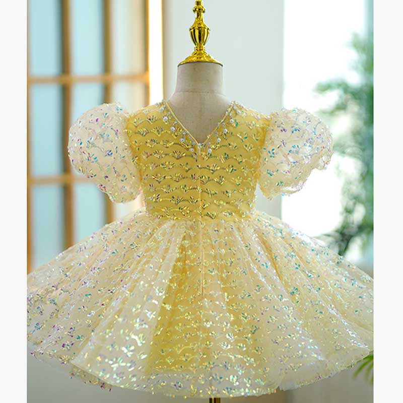 Yellow Sequin Princess Dress for Girls | V-Neck, Short Sleeve, Birthday & Party