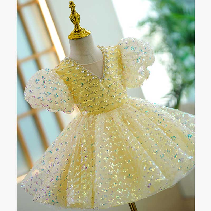Yellow Sequin Princess Dress for Girls | V-Neck, Short Sleeve, Birthday & Party