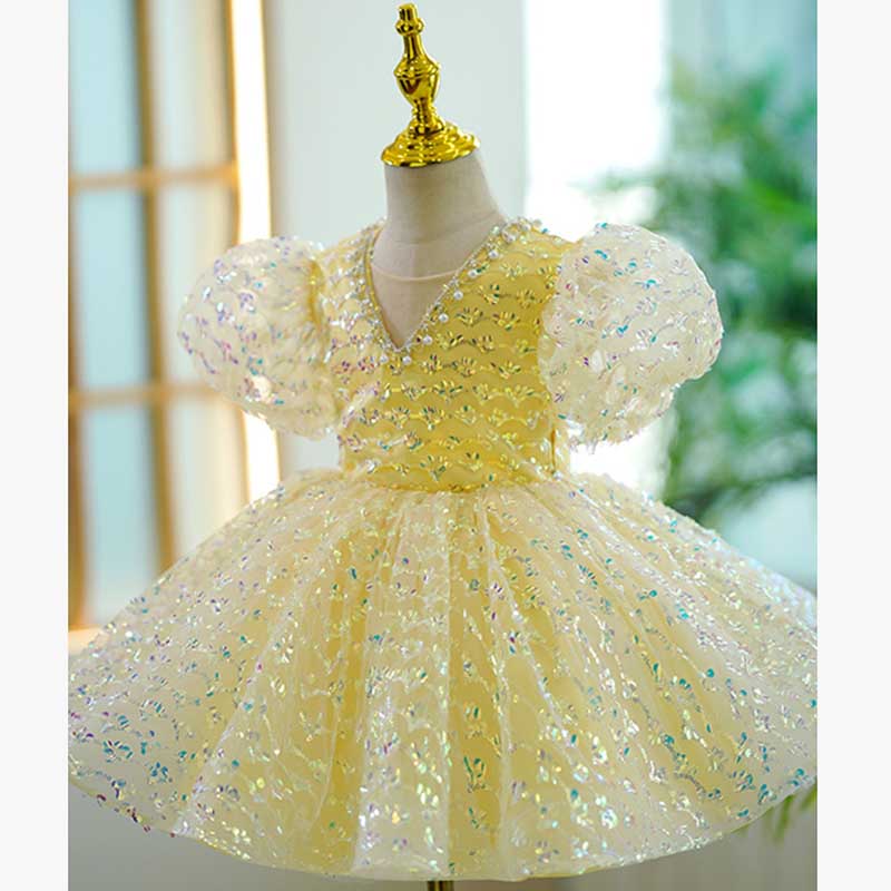 Yellow Sequin Princess Dress for Girls | V-Neck, Short Sleeve, Birthday & Party