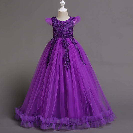 A-line Purple Lace Back Zip Baptism Lace Floor Length Short Sleeve Cap Sleeve Round Flower Girl Dress