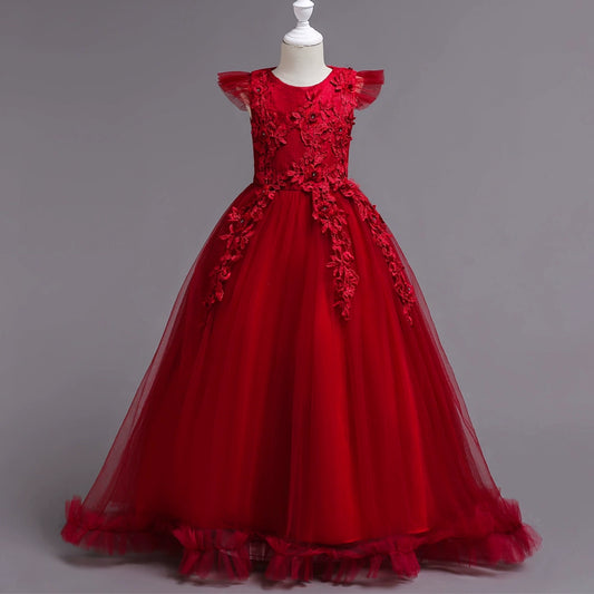 A-line Red Lace Back Zip Baptism Lace Floor Length Short Sleeve Cap Sleeve Round Flower Girl Dress
