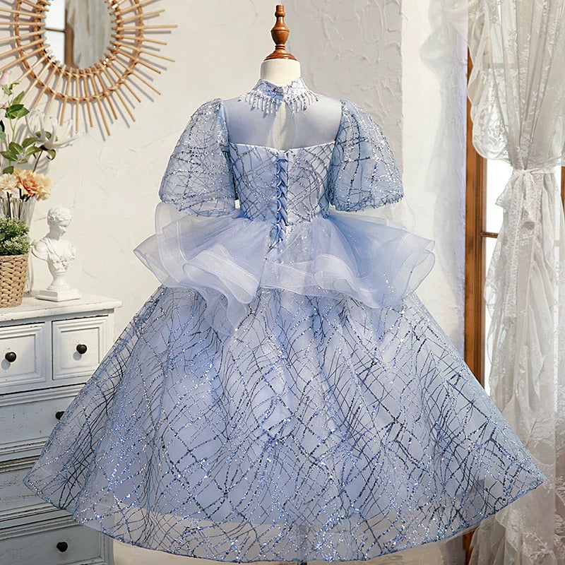 Blue Organza Crossed Straps Baptism Lace Floor Length Short Sleeve Puff Sleeve Mock Neck Flower Girl Dress