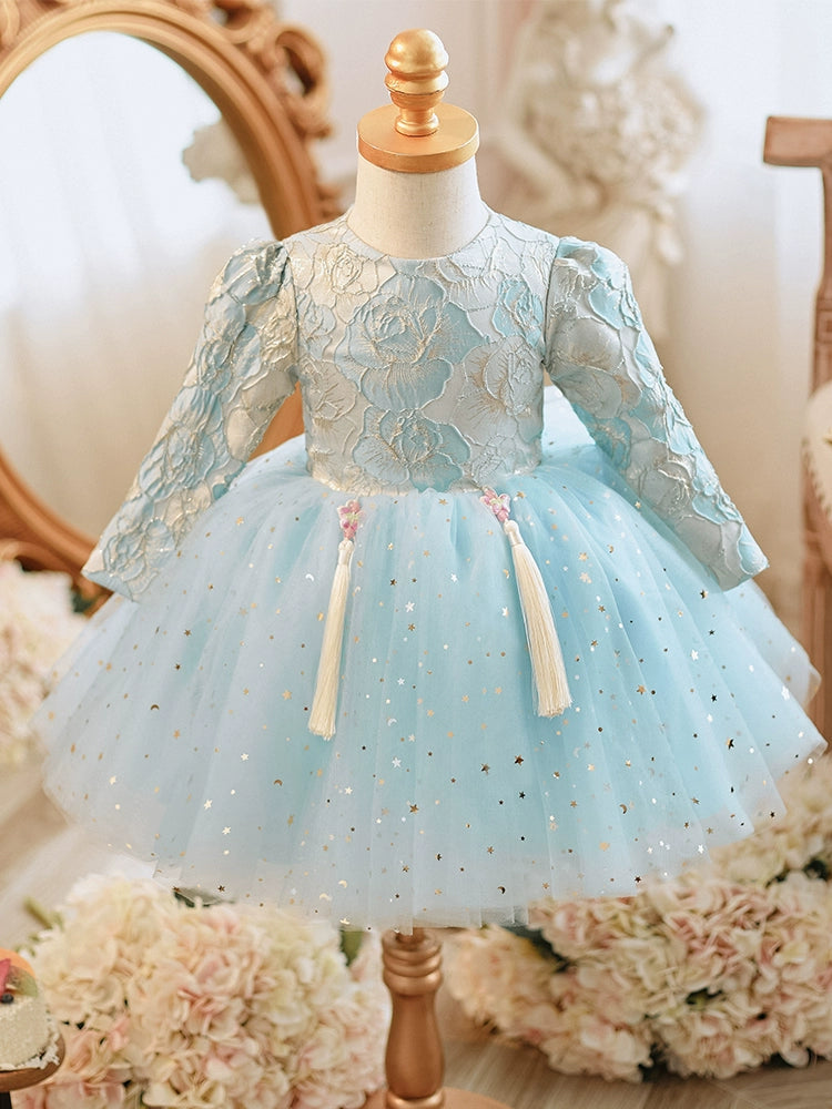 Princess Blue Lace Back Zip Baptism Lace Tea Length Long Sleeve Round Flower Girl Dress