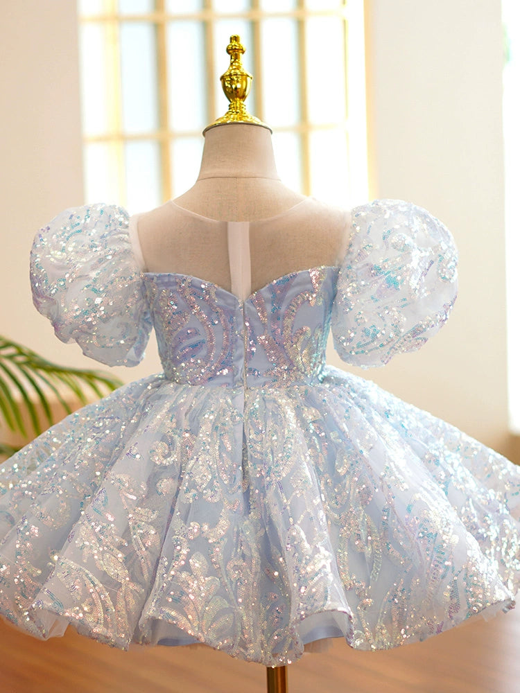 Princess Blue Organza Back Zip Baptism Sequins Tea Length Short Sleeve Puff Sleeve Round Flower Girl Dress