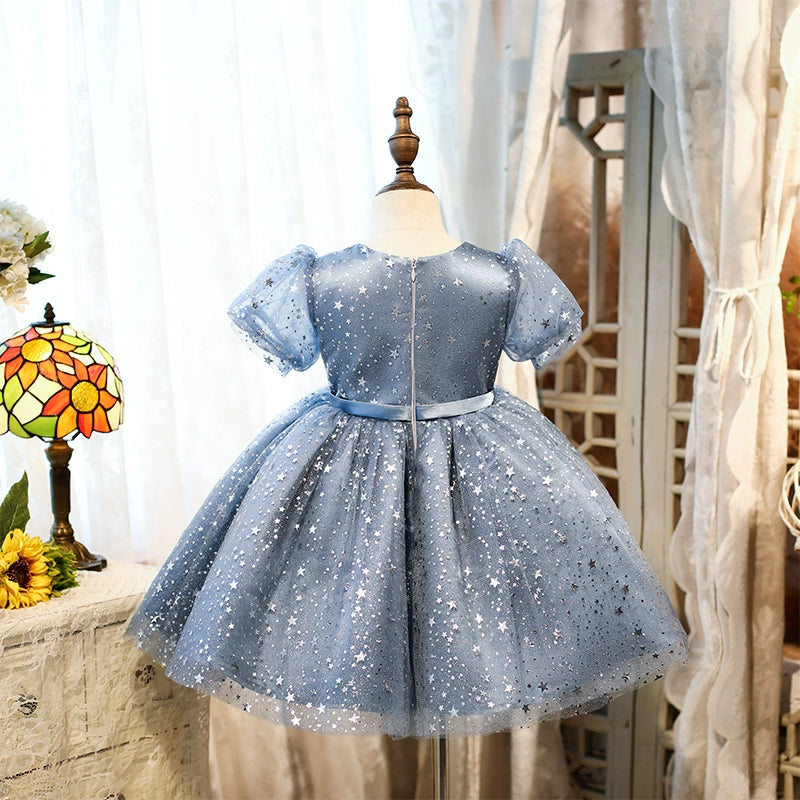 Princess Blue Organza Back Zip Baptism Sequins Tea Length Short Sleeve Puff Sleeve Round Flower Girl Dress