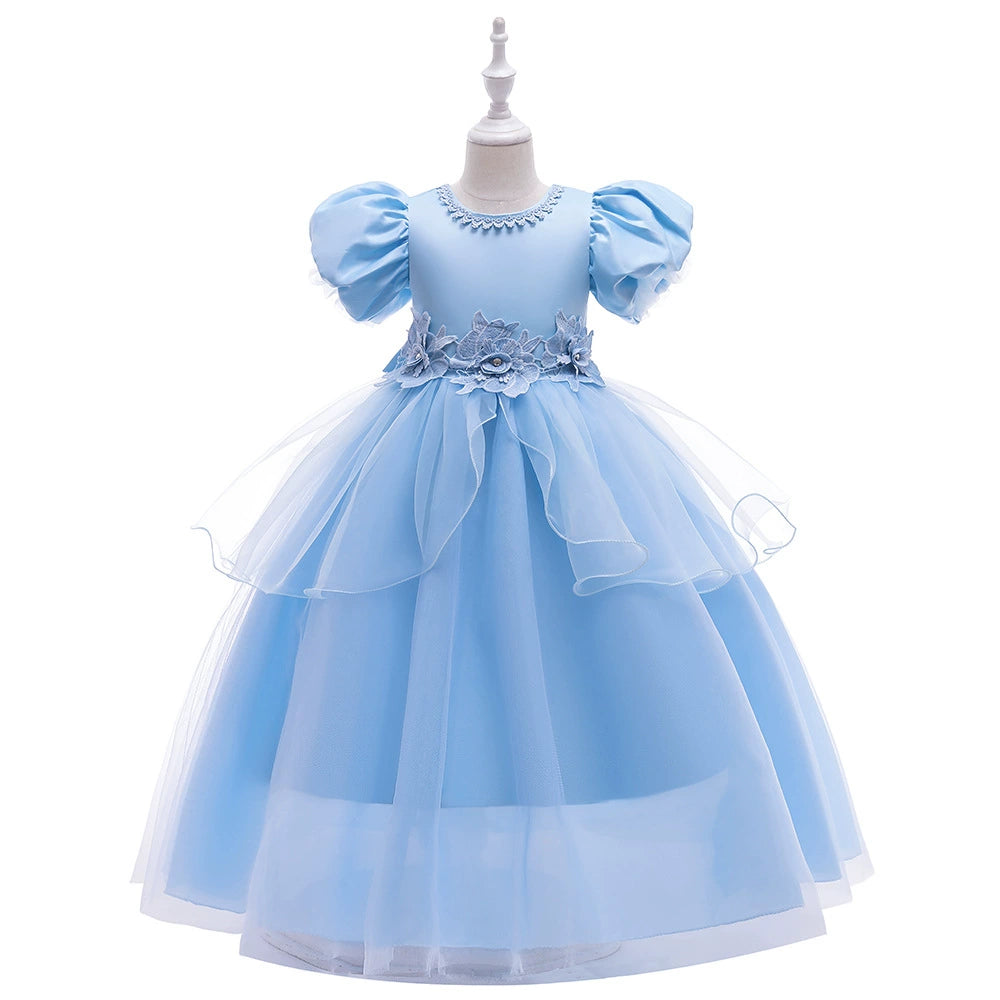 Princess Blue Satin Back Zip Baptism Lace Floor Length Short Sleeve Puff Sleeve Round Flower Girl Dress