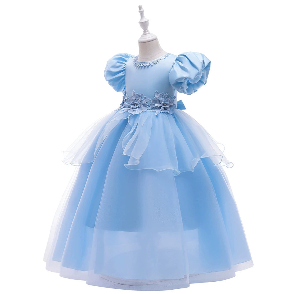 Princess Blue Satin Back Zip Baptism Lace Floor Length Short Sleeve Puff Sleeve Round Flower Girl Dress