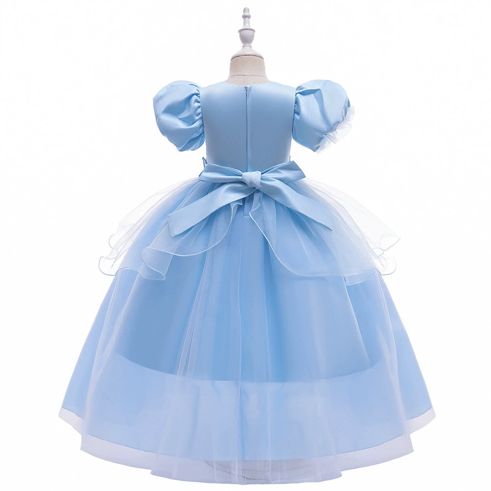 Princess Blue Satin Back Zip Baptism Lace Floor Length Short Sleeve Puff Sleeve Round Flower Girl Dress
