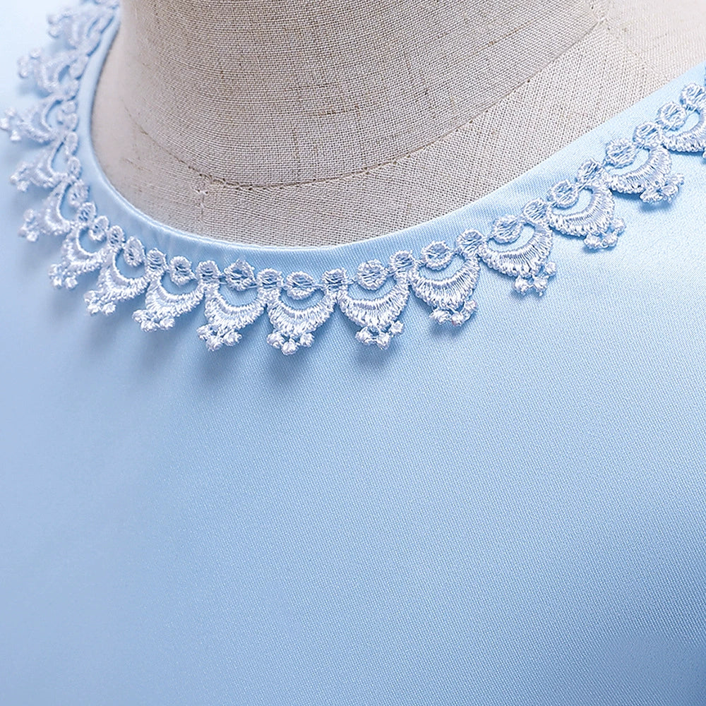 Princess Blue Satin Back Zip Baptism Lace Floor Length Short Sleeve Puff Sleeve Round Flower Girl Dress