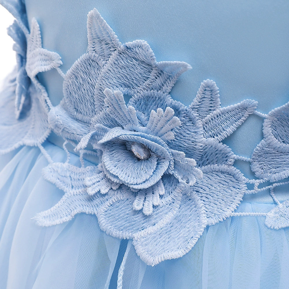 Princess Blue Satin Back Zip Baptism Lace Floor Length Short Sleeve Puff Sleeve Round Flower Girl Dress