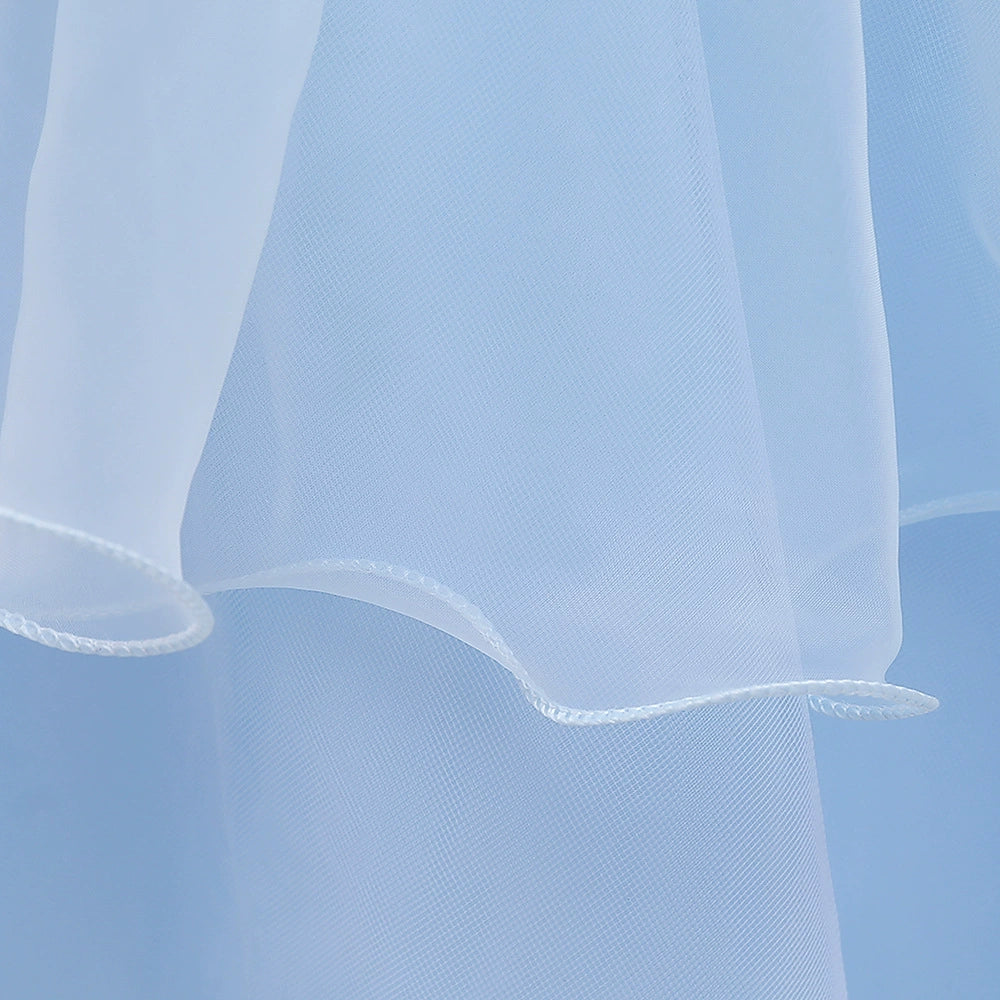 Princess Blue Satin Back Zip Baptism Lace Floor Length Short Sleeve Puff Sleeve Round Flower Girl Dress