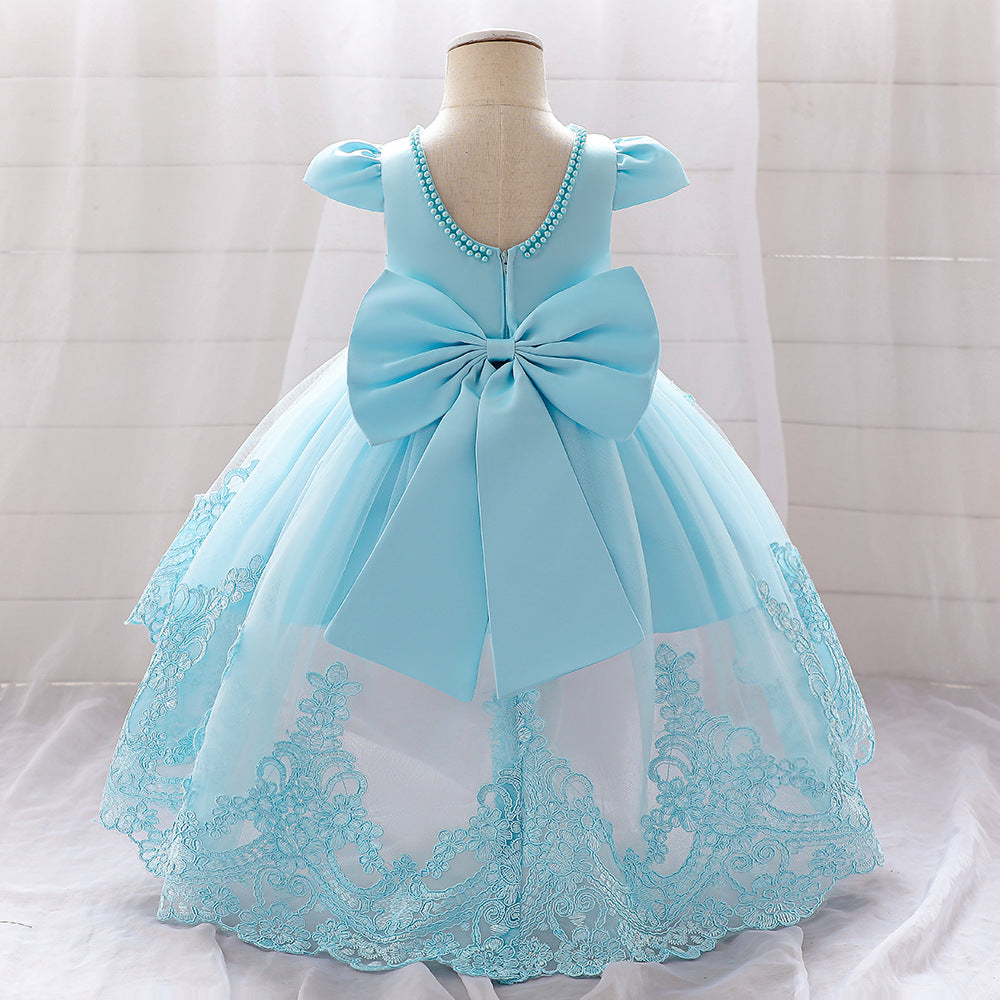 Princess Blue Satin Back Zip Baptism Lace Tea Length Short Sleeve Cap Sleeve Jewel Neck Flower Girl Dress
