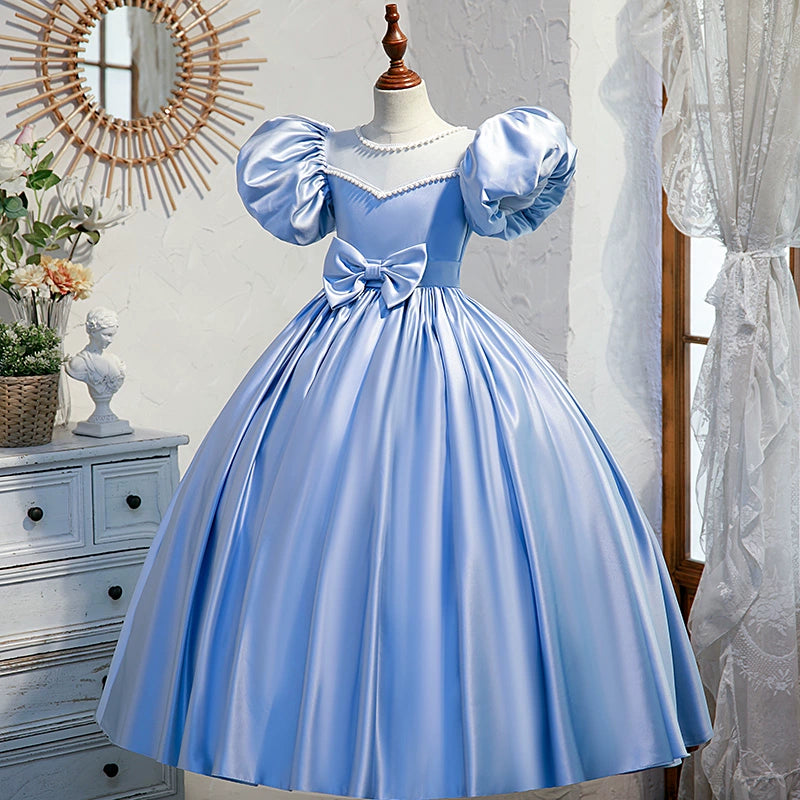Princess Blue Satin Crossed Straps Baptism Beaded Floor Length Short Sleeve Puff Sleeve Jewel Neck Flower Girl Dress