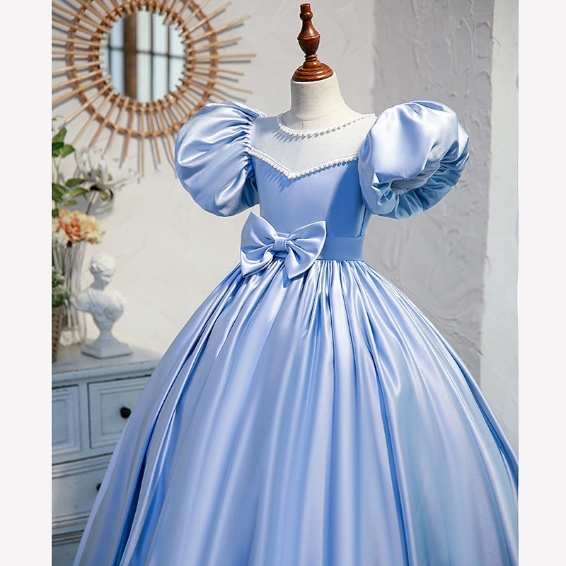 Princess Blue Satin Crossed Straps Baptism Beaded Floor Length Short Sleeve Puff Sleeve Jewel Neck Flower Girl Dress