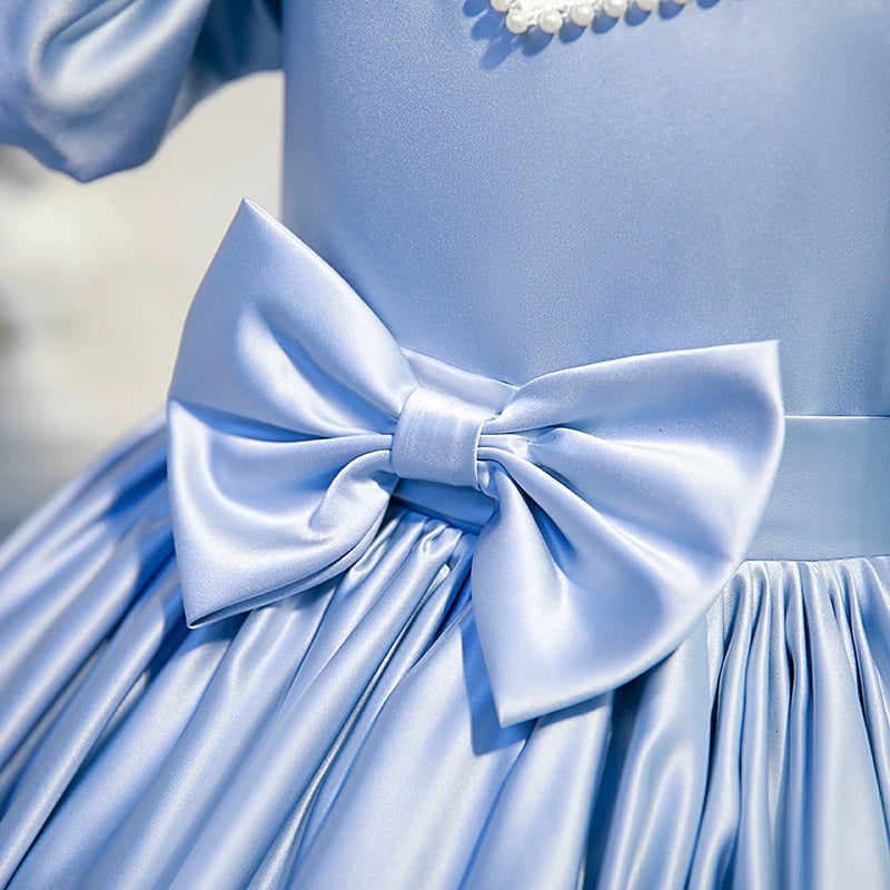 Princess Blue Satin Crossed Straps Baptism Beaded Floor Length Short Sleeve Puff Sleeve Jewel Neck Flower Girl Dress