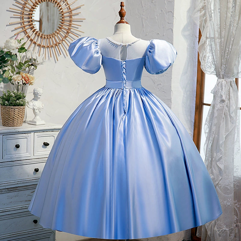 Princess Blue Satin Crossed Straps Baptism Beaded Floor Length Short Sleeve Puff Sleeve Jewel Neck Flower Girl Dress