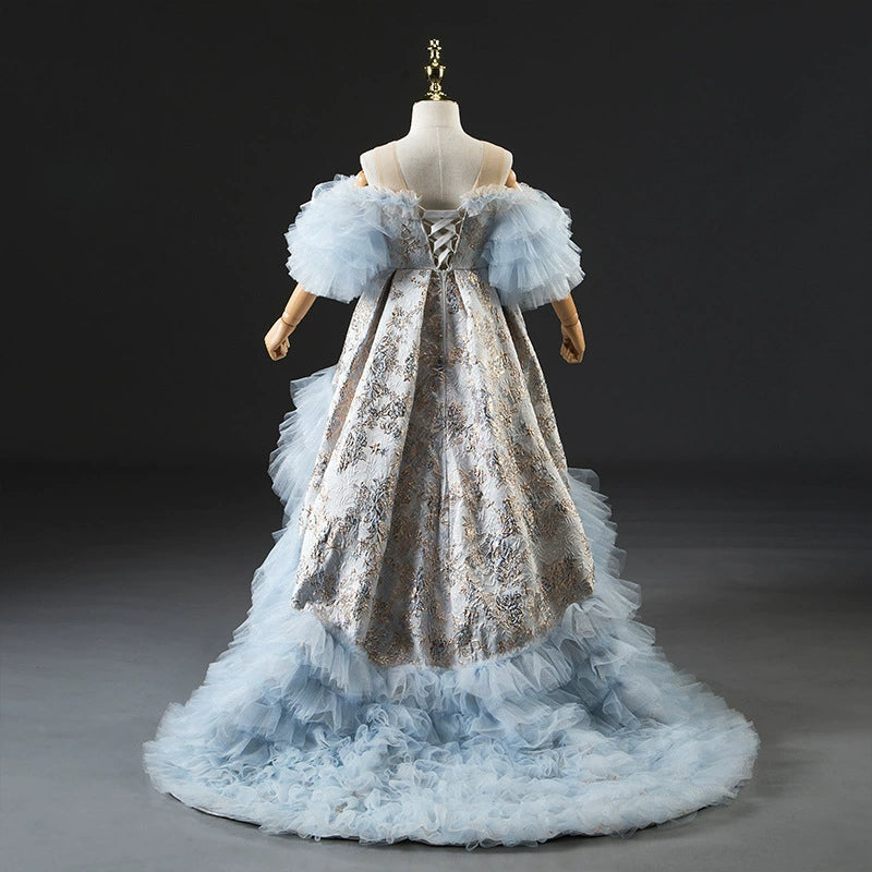 Princess Blue Satin Crossed Straps Baptism Sequins Sweep Train Short Sleeve Cold Shoulder Sleeve Scoop Flower Girl Dress