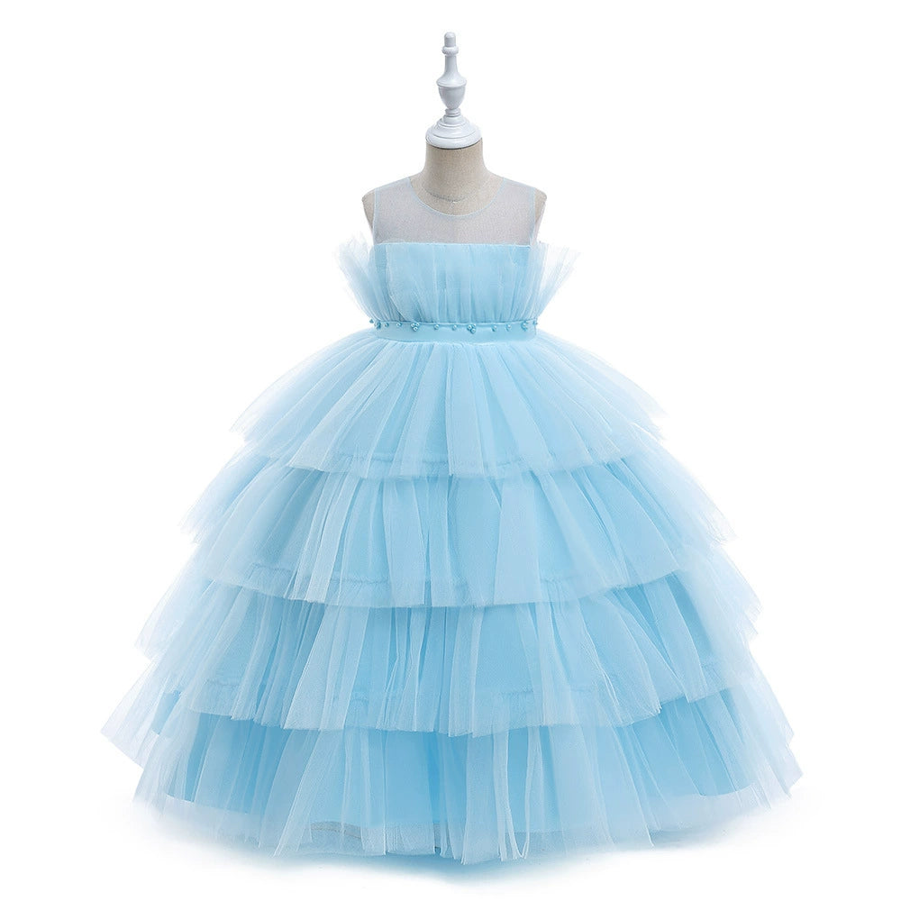 Princess Blue Tulle Back Zip Baptism Pleated Floor Length Sleeveless Round Flower Girl Dress