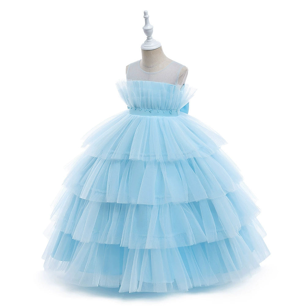 Princess Blue Tulle Back Zip Baptism Pleated Floor Length Sleeveless Round Flower Girl Dress