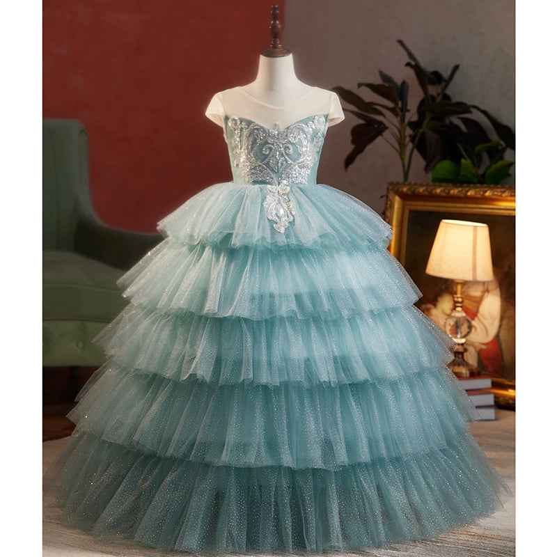 Princess Blue Tulle Crossed Straps Baptism Lace Floor Length Sleeveless Scoop Flower Girl Dress