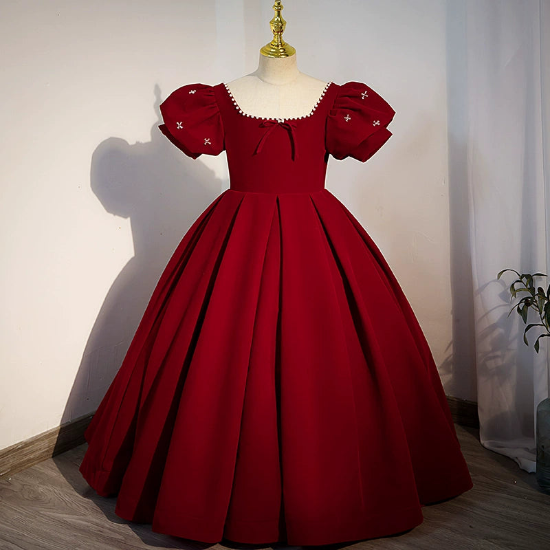 Princess Square Floor Length Satin Flower Girl Dress in Burgundy Mia Princess Princess Square Floor Length Satin Flower Girl Dress in Burgundy Mia Princess
