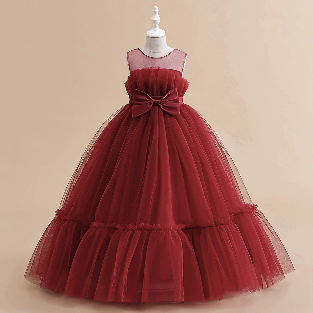 Princess Burgundy Tulle Back Zip Baptism Pleated Floor Length Sleeveless Round Flower Girl Dress