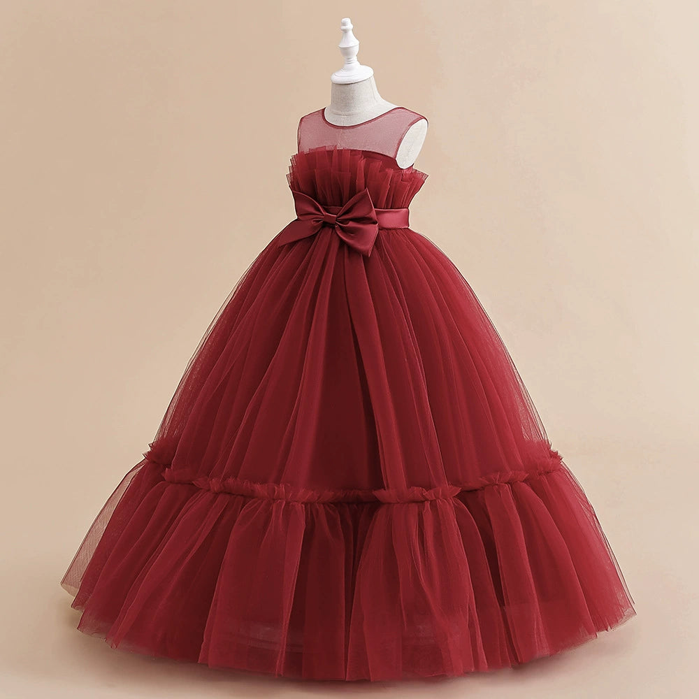 Princess Burgundy Tulle Back Zip Baptism Pleated Floor Length Sleeveless Round Flower Girl Dress