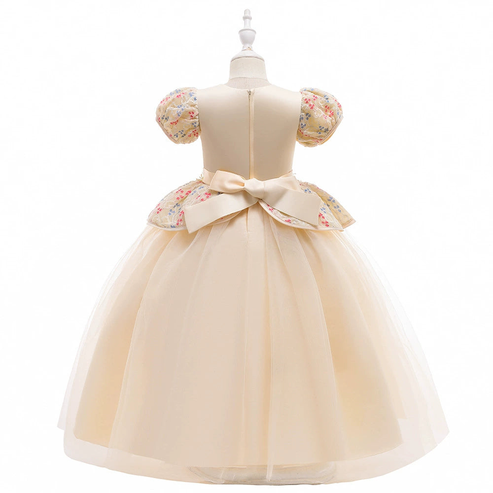 Princess Champagne Lace Back Zip Baptism Lace Floor Length Short Sleeve Puff Sleeve Square Flower Girl Dress