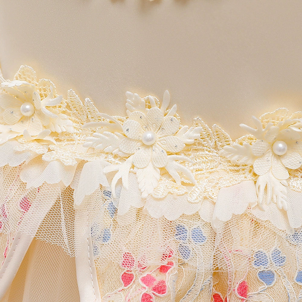 Princess Champagne Lace Back Zip Baptism Lace Floor Length Short Sleeve Puff Sleeve Square Flower Girl Dress