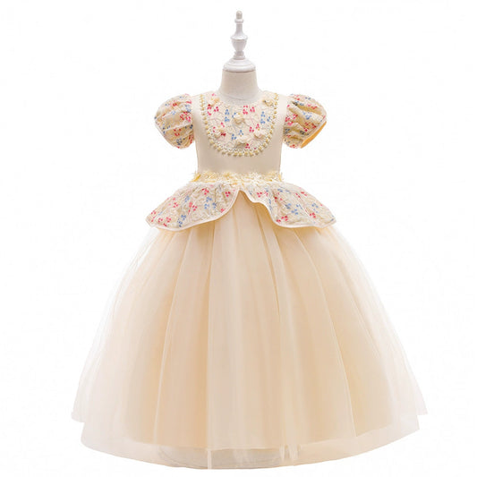 Princess Champagne Lace Back Zip Baptism Lace Floor Length Short Sleeve Puff Sleeve Square Flower Girl Dress