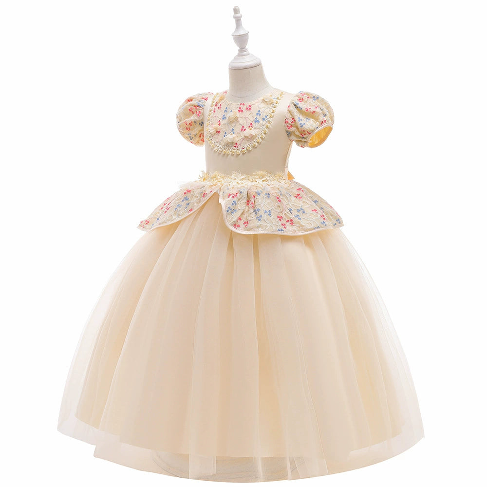 Princess Champagne Lace Back Zip Baptism Lace Floor Length Short Sleeve Puff Sleeve Square Flower Girl Dress