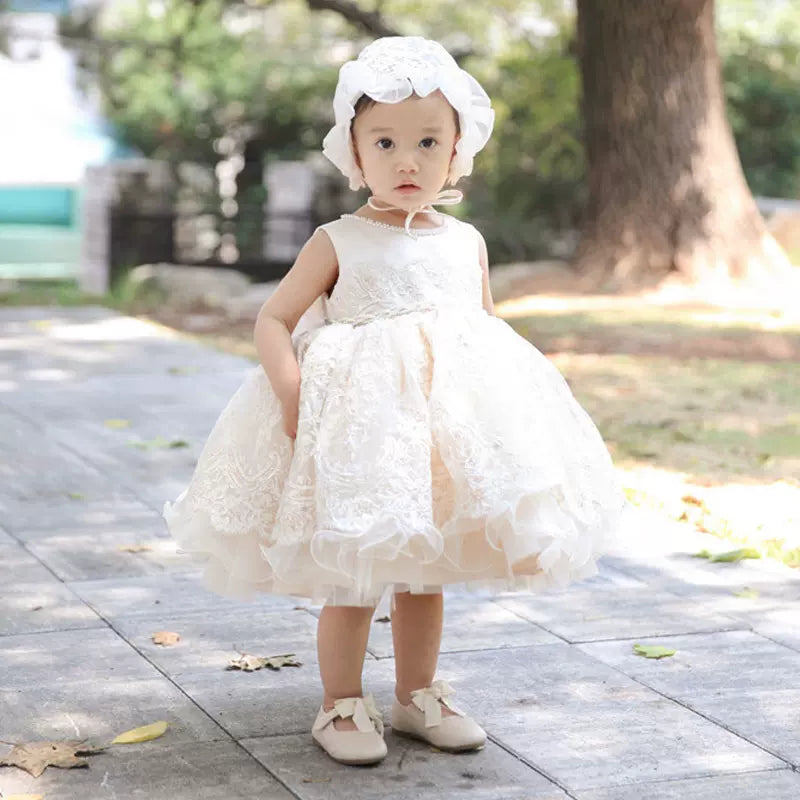 Princess Champagne Lace Back Zip Baptism Lace Tea Length Sleeveless Jewel Neck Flower Girl Dress