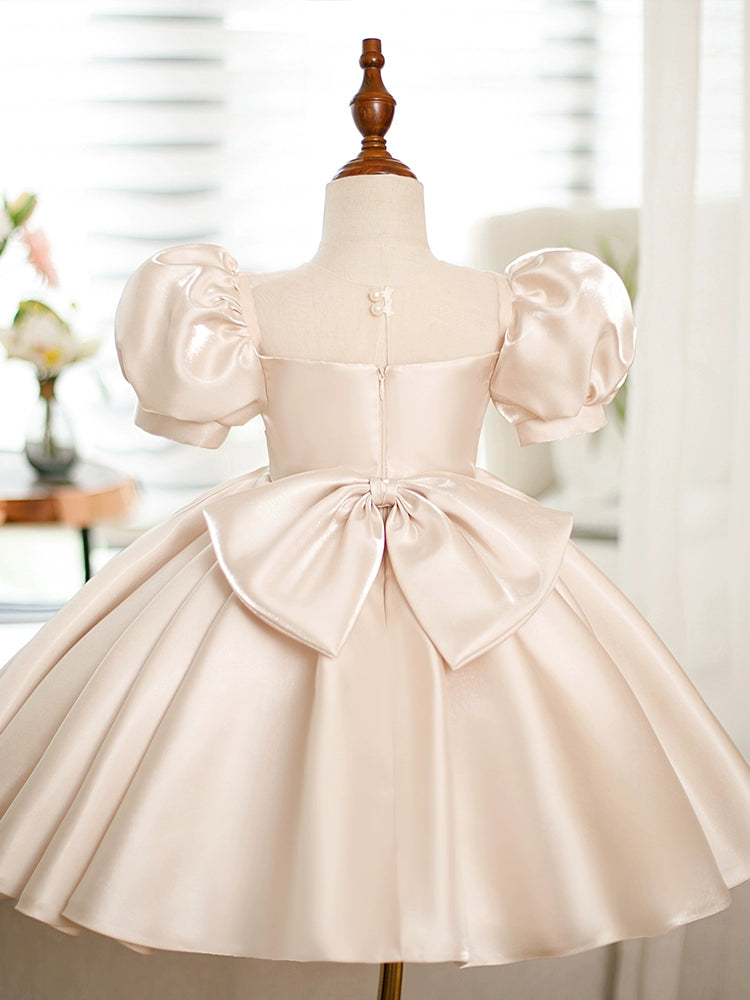 Princess Champagne Satin Back Zip Baptism Bow(s) Tea Length Short Sleeve Puff Sleeve Round Flower Girl Dress
