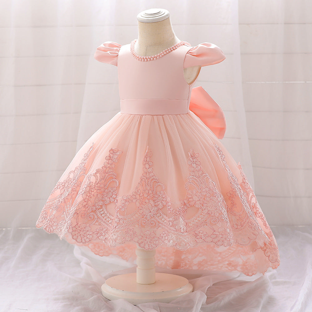 Princess Dusty Rose Satin Back Zip Baptism Lace Tea Length Short Sleeve Cap Sleeve Jewel Neck Flower Girl Dress