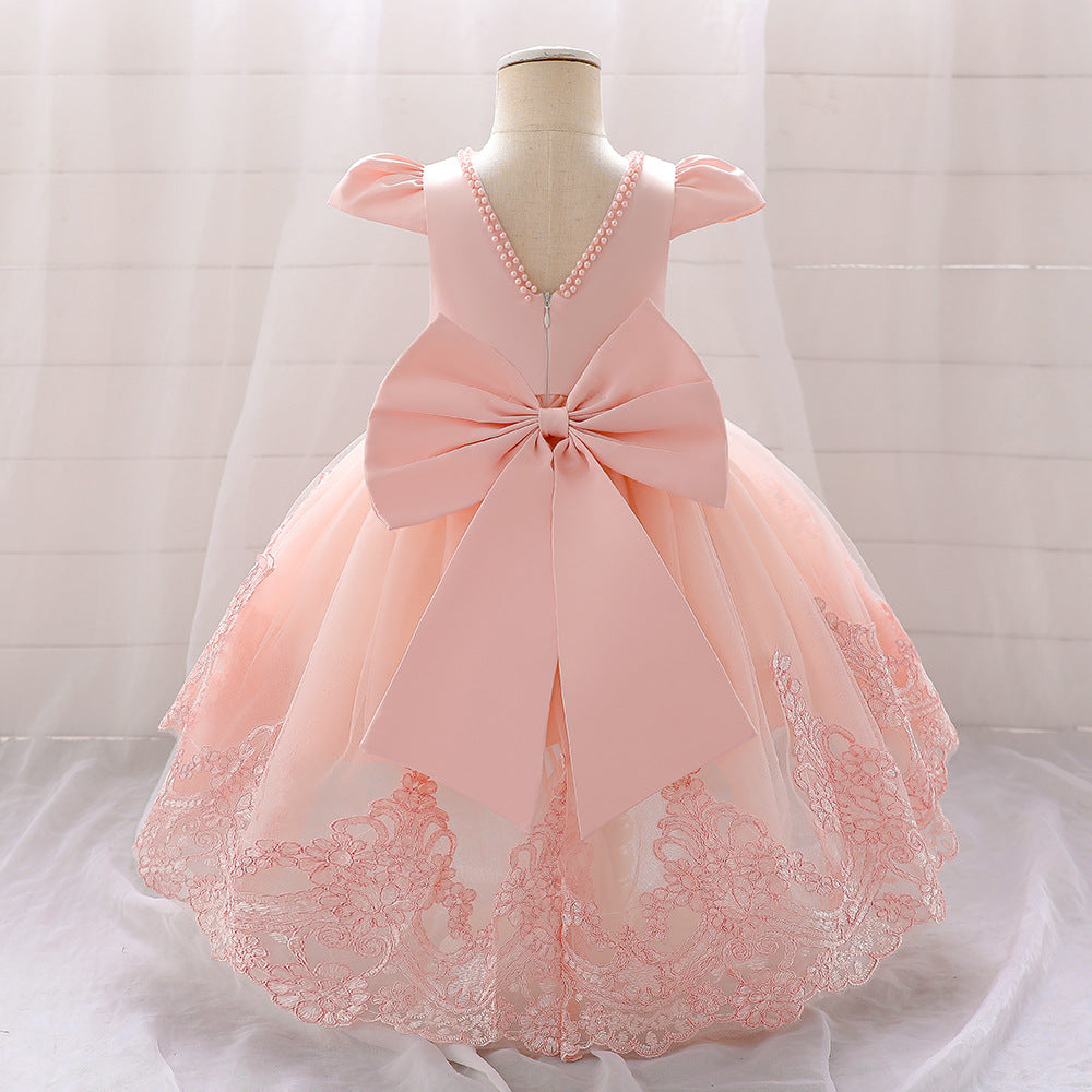Princess Dusty Rose Satin Back Zip Baptism Lace Tea Length Short Sleeve Cap Sleeve Jewel Neck Flower Girl Dress