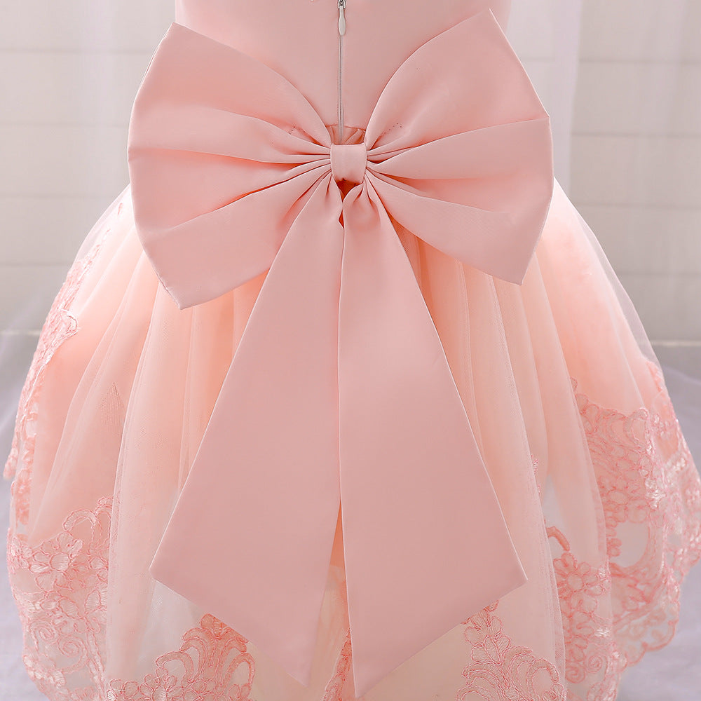 Princess Dusty Rose Satin Back Zip Baptism Lace Tea Length Short Sleeve Cap Sleeve Jewel Neck Flower Girl Dress
