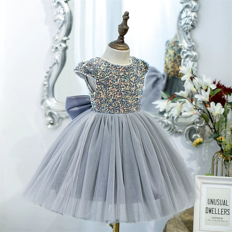 Princess Grey Tulle Back Zip Baptism Sequins Tea Length Short Sleeve Cap Sleeve Round Flower Girl Dress