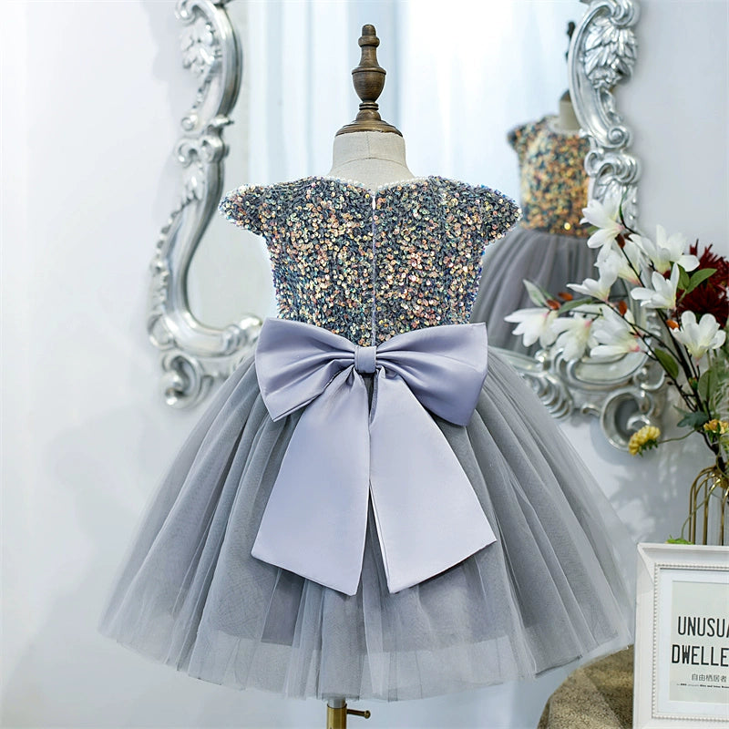 Princess Grey Tulle Back Zip Baptism Sequins Tea Length Short Sleeve Cap Sleeve Round Flower Girl Dress