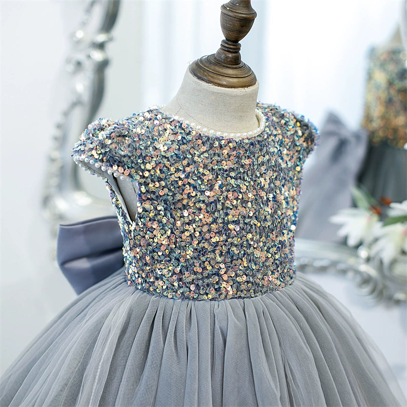 Princess Grey Tulle Back Zip Baptism Sequins Tea Length Short Sleeve Cap Sleeve Round Flower Girl Dress