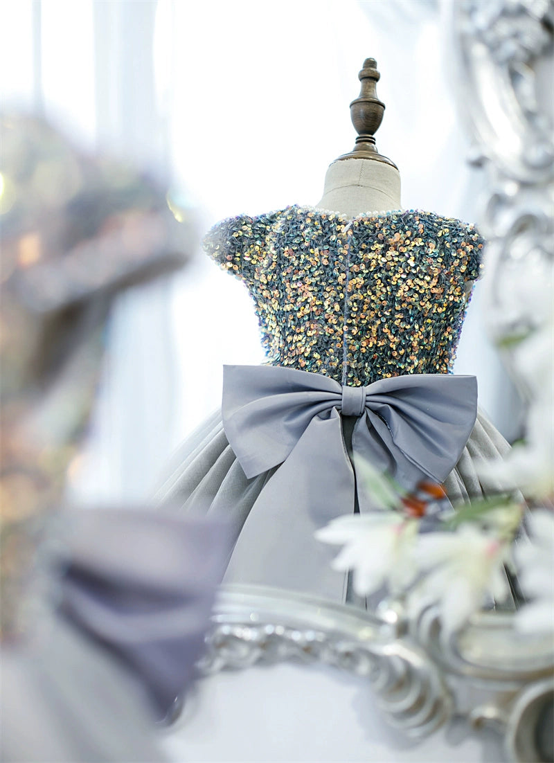 Princess Grey Tulle Back Zip Baptism Sequins Tea Length Short Sleeve Cap Sleeve Round Flower Girl Dress