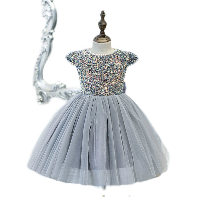 Princess Grey Tulle Back Zip Baptism Sequins Tea Length Short Sleeve Cap Sleeve Round Flower Girl Dress