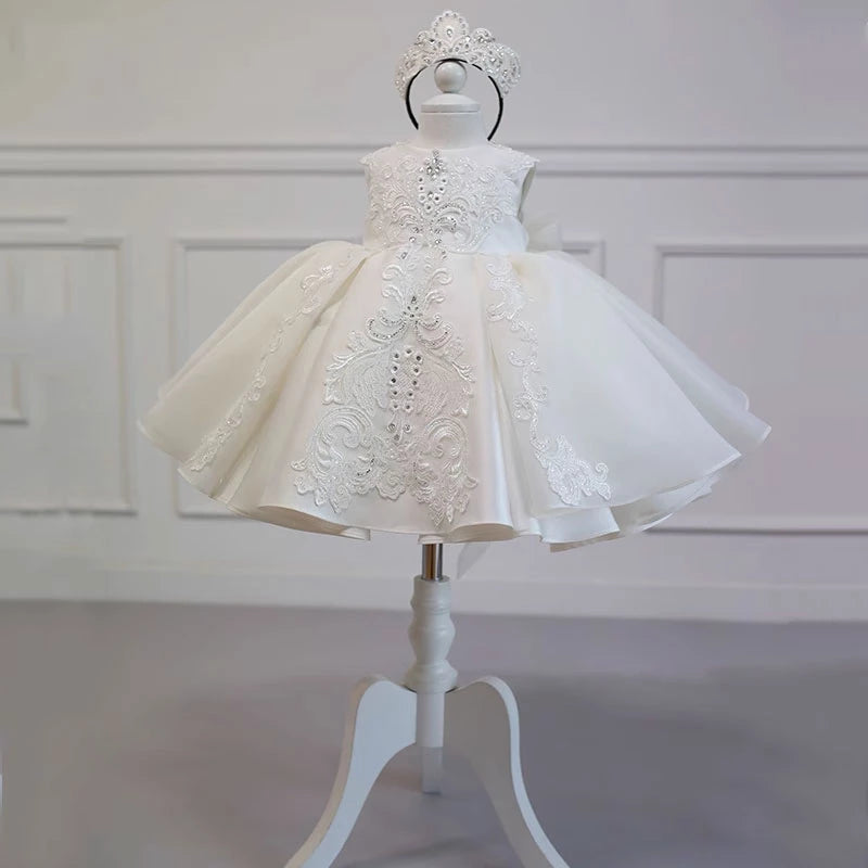 Princess Ivory Satin Back Zip Baptism Lace Tea Length Sleeveless Round Flower Girl Dress
