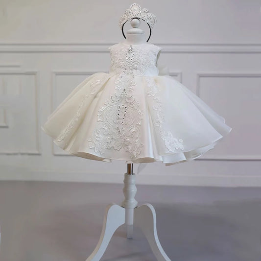 Princess Ivory Satin Back Zip Baptism Lace Tea Length Sleeveless Round Flower Girl Dress
