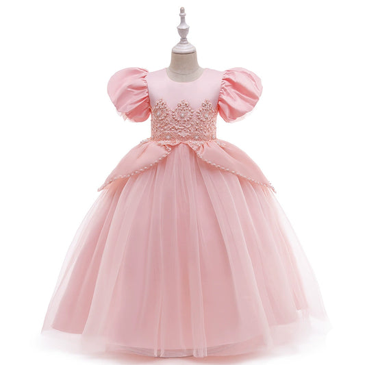Princess Pink Satin Back Zip Baptism Lace Floor Length Short Sleeve Puff Sleeve Round Flower Girl Dress