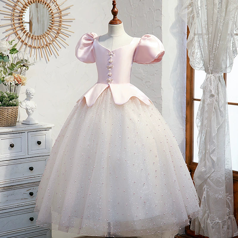 Princess Pink Satin Crossed Straps Baptism Sequins Floor Length Short Sleeve Puff Sleeve V-Neck Flower Girl Dress