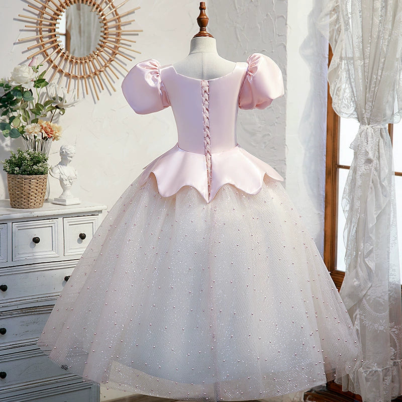 Princess Pink Satin Crossed Straps Baptism Sequins Floor Length Short Sleeve Puff Sleeve V-Neck Flower Girl Dress