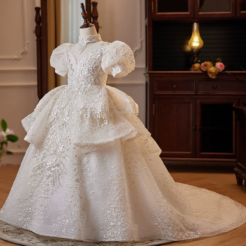 Princess V-Neck Floor Length Lace Flower Girl Dress in White | White / 11-12 Years (160cm) | Mia Princess Princess V-Neck Floor Length Lace Flower Girl Dress in White | White / 11-12 Years (160cm) | Mia Princess