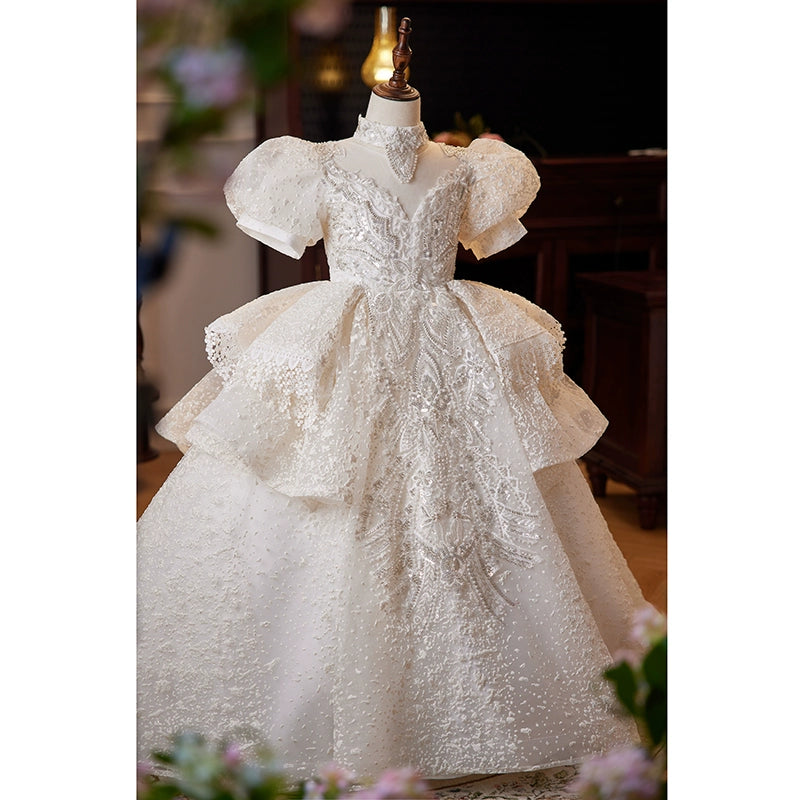 Princess White Lace Crossed Straps Baptism Lace Floor Length Short Sleeve Puff Sleeve V-Neck Flower Girl Dress